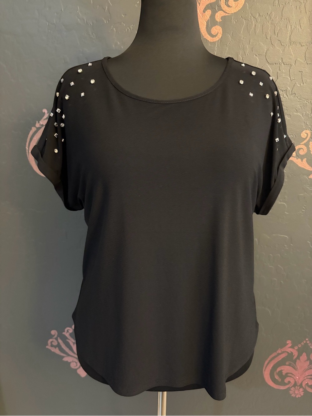 Madison Black Short-Sleeve Top with Shoulder Studs